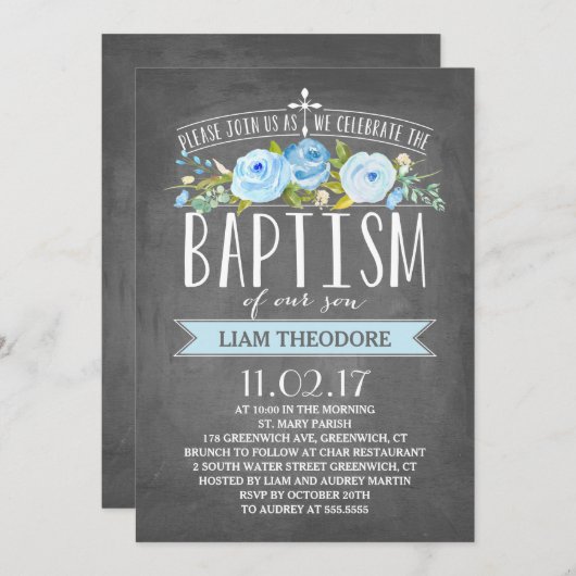 Roos Banner Chalkboard | Uitnodiging tot blauwe ba (Voorkant / Achterkant)