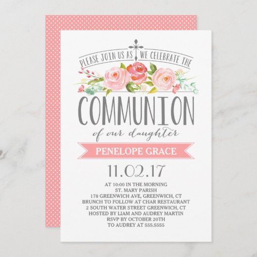 Roos-banner | communie-uitnodiging kaart (Voorkant / Achterkant)