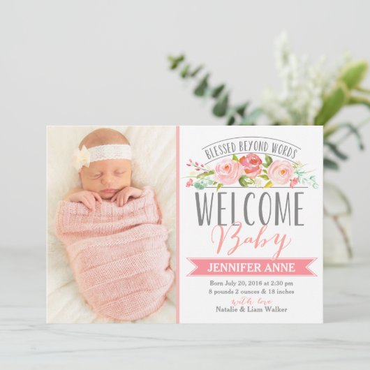 Roos-banner | Geboorteaankondiging meisje Aankondiging (Staand voorkant)