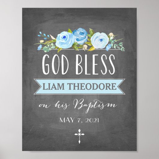 Roos banner | God Bless | Baptismembeken met blauw Poster (Voorkant)
