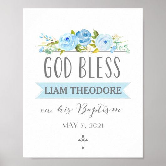 Roos banner | God Bless | Blauw baptisemteken Poster (Voorkant)