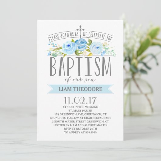 Roos-banner | Jongensdoop uitnodiging (Staand voorkant)