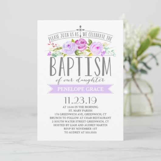 Roos-banner | Meisje doop uitnodiging | Paars (Staand voorkant)