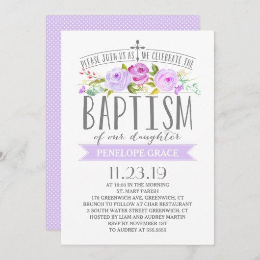 Roos-banner | Meisje doop uitnodiging | Paars (Voorkant / Achterkant)