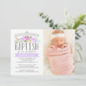 Roos Banner Paarse doop Fotouitnodiging Kaart (Staand voorkant)