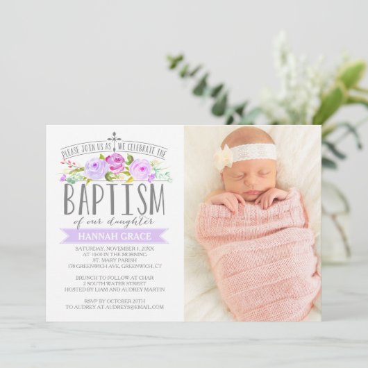 Roos Banner Paarse doop Fotouitnodiging Kaart (Staand voorkant)