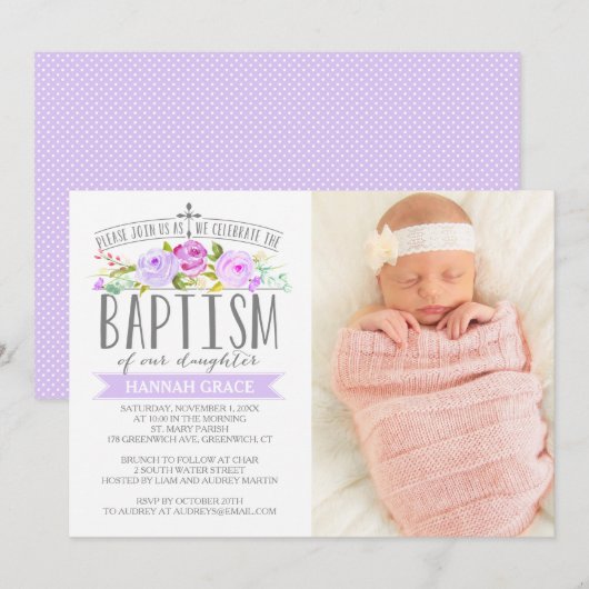 Roos Banner Paarse doop Fotouitnodiging Kaart (Voorkant / Achterkant)