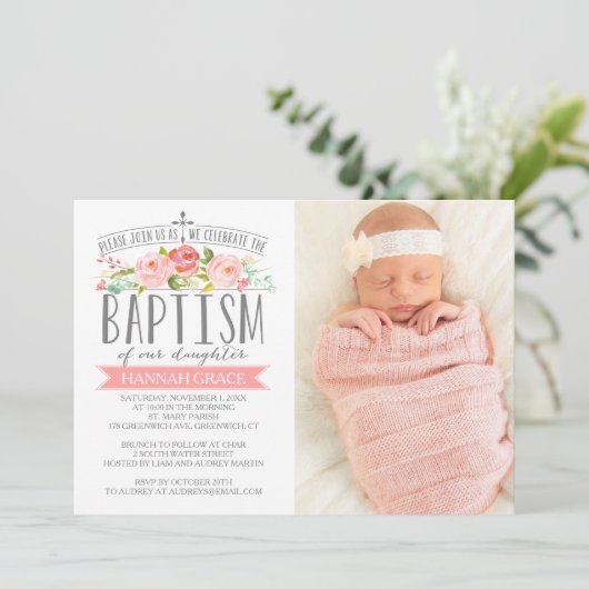 Roos Banner Pink Baptisme Uitnodiging (Staand voorkant)