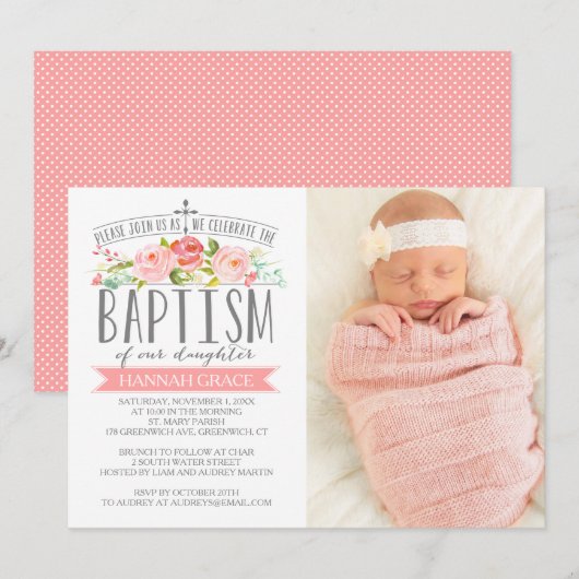 Roos Banner Pink Baptisme Uitnodiging (Voorkant / Achterkant)