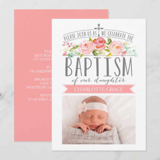 Roos Banner Roze Doopuitnodiging Kaart (Voorkant / Achterkant)