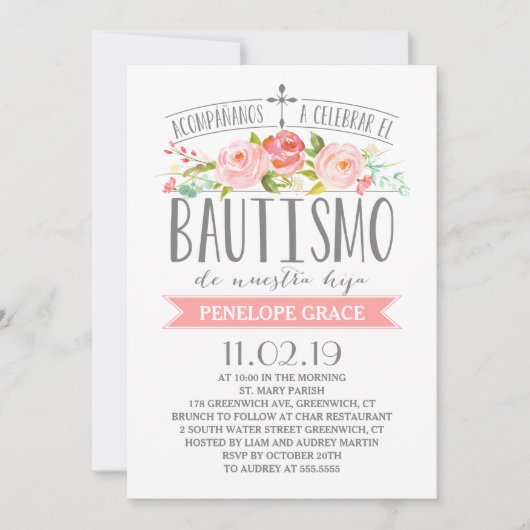 Roos banner roze | Spaanse Bautismo Kaart (Voorkant)