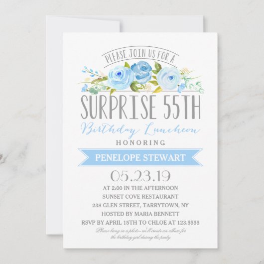 Roos Banner Surprise 55th Birthday Luncheon Kaart (Voorkant)
