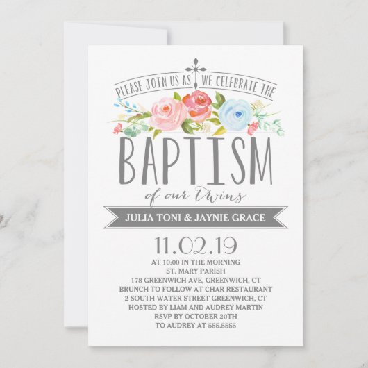 Roos banner | Twin Boy Girl Baptism Invitation Kaart (Voorkant)