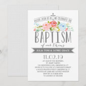 Roos banner | Twin Boy Girl Baptism Invitation Kaart (Voorkant / Achterkant)