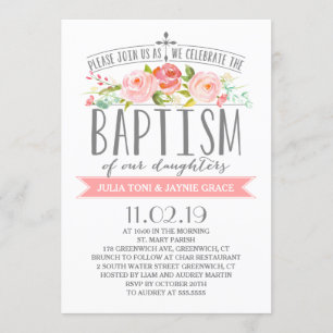 Roos banner   Twin Girls Baptism Invitation Kaart
