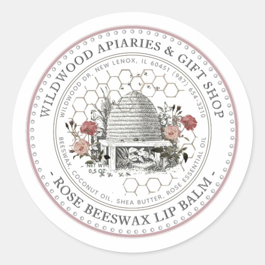 Roos Beeswax Lip Balm Skep met Honeycomb Ronde Sticker (Voorkant)