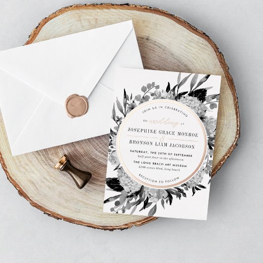 Roos Black and White Waterverf Floral Wedding Folie Uitnodiging