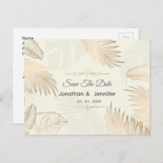 Roos bladgoud en palmboom Bewaar de trouwdatum Aankondigingskaart (Voorkant / Achterkant)