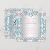 Roos Blauwgroen Damask White Pink Birthday Party Kaart (Voorkant / Achterkant)