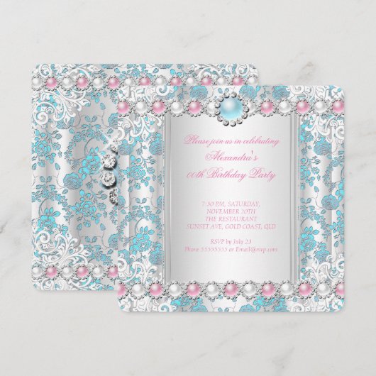 Roos Blauwgroen Damask White Pink Birthday Party Kaart (Voorkant / Achterkant)