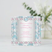 Roos Blauwgroen Damask White Pink Birthday Party Kaart (Staand voorkant)