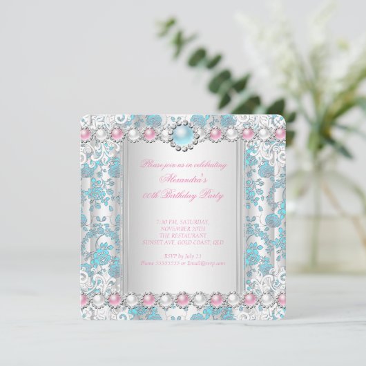 Roos Blauwgroen Damask White Pink Birthday Party Kaart (Staand voorkant)