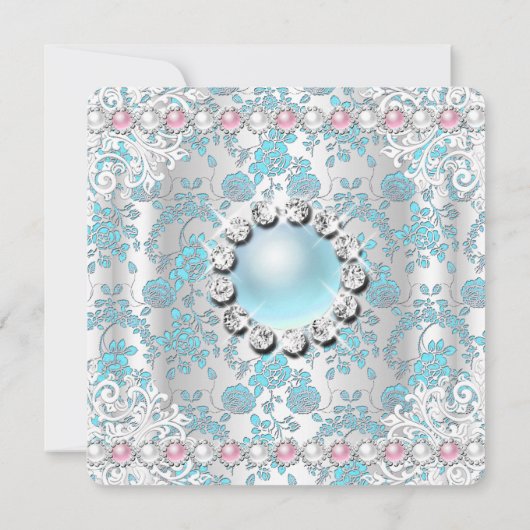 Roos Blauwgroen Damask White Pink Birthday Party Kaart (Achterkant)