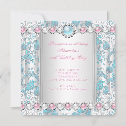 Roos Blauwgroen Damask White Pink Birthday Party Kaart (Voorkant)