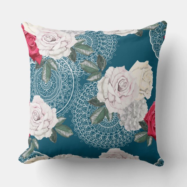 Roos Blauwgroen Ontwerp Decoratief Kussen (Voorkant)