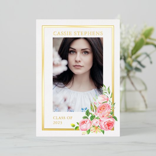 Roos Bloem 4 Foto Collage Gouden Lijst Afstuderen  Folie Uitnodiging (Staand Voorkant)