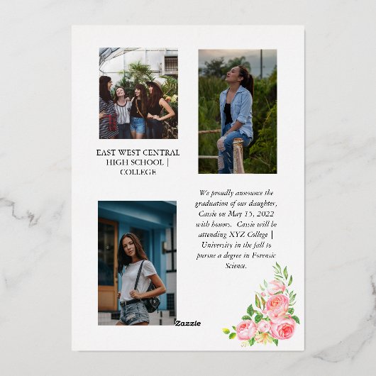 Roos Bloem 4 Foto Collage Gouden Lijst Afstuderen  Folie Uitnodiging (Achterkant)