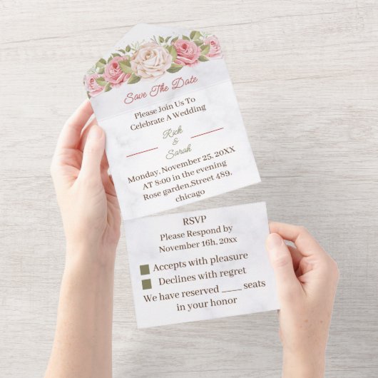 Roos Bloem Aangepaste Bewaar De Datum All In One Uitnodiging (Afscheurbaar)