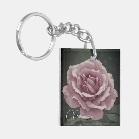  Roos Bloem Dusky Roze Groene Bloem Sleutelhanger (Voorkant Links)