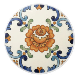 Roos Bloem Mediterraan Blauw Oranje Crème Keramische Knop
