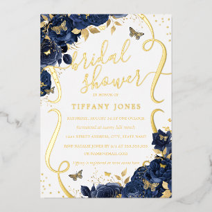 Roos Bloem Vlinder Navy Goud Bruiloft Folie Uitnodiging