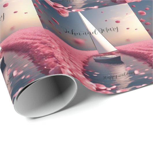 Roos bloem zeilboot bruiloft sticker cadeaupapier (Rol Hoek)