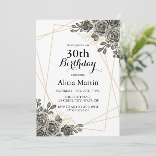 Roos Bloem Zwart & Goud Vrouw Volwassen Verjaardag Kaart (Staand voorkant)