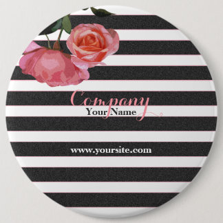 Roos Bloem Zwart & Witte Strepen - Knop Ronde Button 6,0 Cm