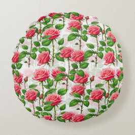 Roos Bloemen Bloemen Bladpatroon Rond Kussen