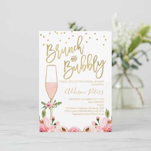 Roos Bloemen Brunch Bubbly Bruids Douche Uitnodigi Kaart (Staand voorkant)