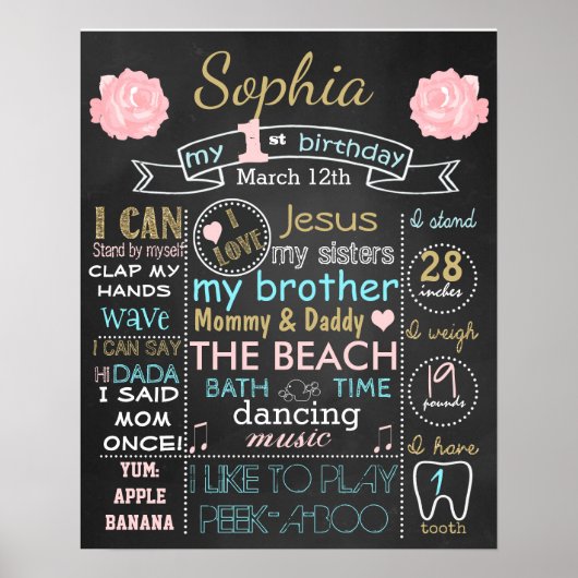 Roos bloemen Eerste bord van Birthday Poster (Voorkant)
