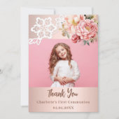 Roos bloemen Eerste Communie foto dank je kaart (Voorkant)