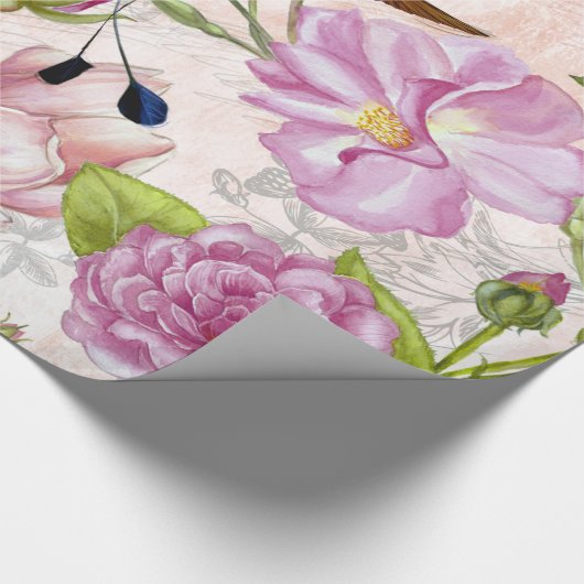  Roos bloemen en vogelpatroon Cadeaupapier (Hoek)