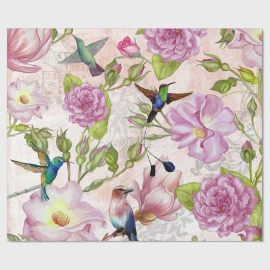  Roos bloemen en vogelpatroon Cadeaupapier (Vlak)