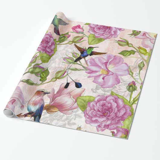 Roos bloemen en vogelpatroon Cadeaupapier (Uitgerold)