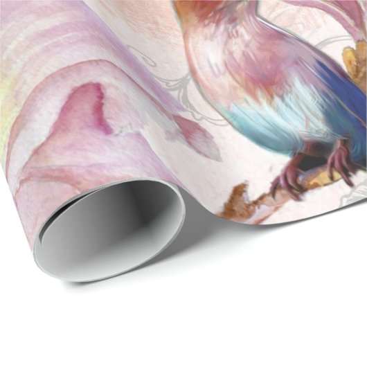  Roos bloemen en vogelpatroon Cadeaupapier (Rol Hoek)