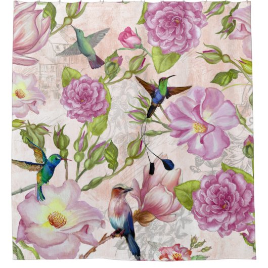  Roos bloemen en vogelpatroon Douchegordijn (Voorkant)