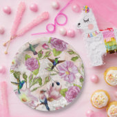  Roos bloemen en vogelpatroon Papieren Bordje (Feest)
