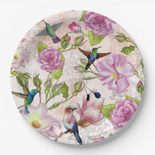  Roos bloemen en vogelpatroon Papieren Bordje