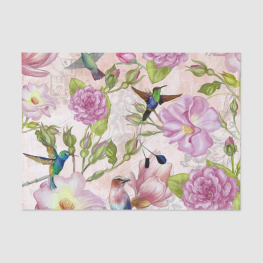  Roos bloemen en vogelpatroon Tissuepapier (Voorkant)